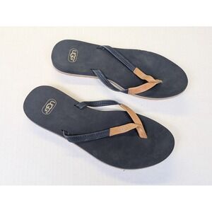 UGG Magnolia Flip Flops Womens 8 Navy Blue Tan Leather Thong Sandal Beach F3015A